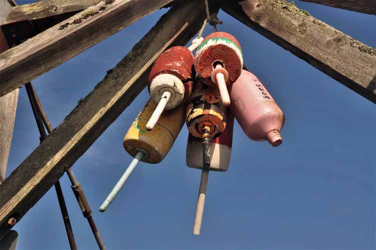 buoys hanging from bridge joist